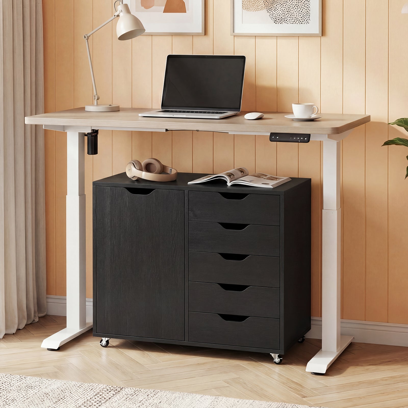 5-Drawer Rolling Storage Cart With Side Cabinet, Black File Cabinets at Gallery Canada