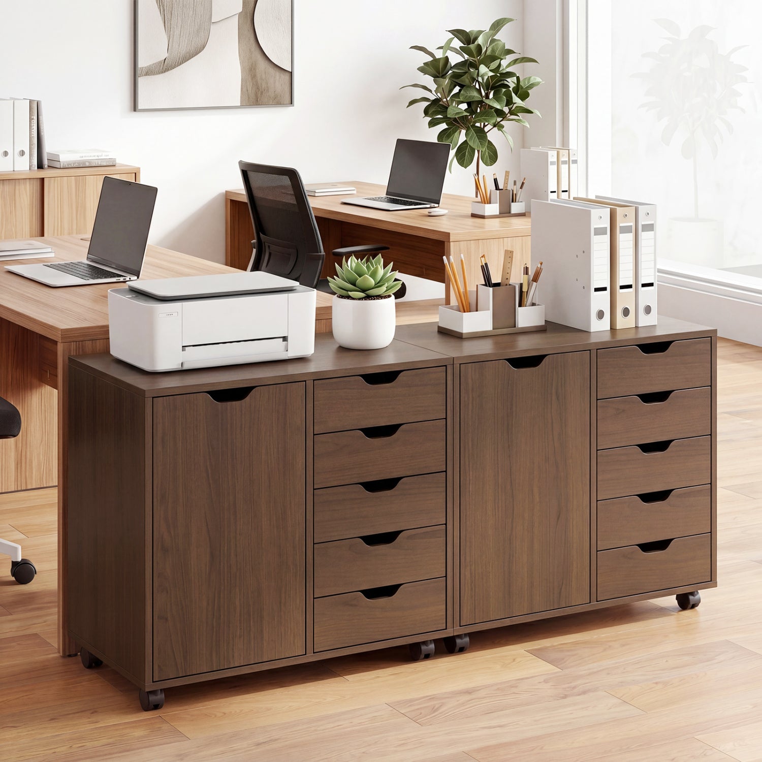 5 Drawer Storage Cabinet on Wheels, Adjustable Shelf, Brown File Cabinets at Gallery Canada