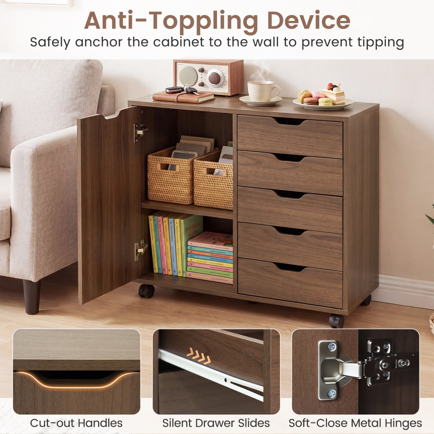 5 Drawer Storage Cabinet on Wheels, Adjustable Shelf, Brown File Cabinets at Gallery Canada