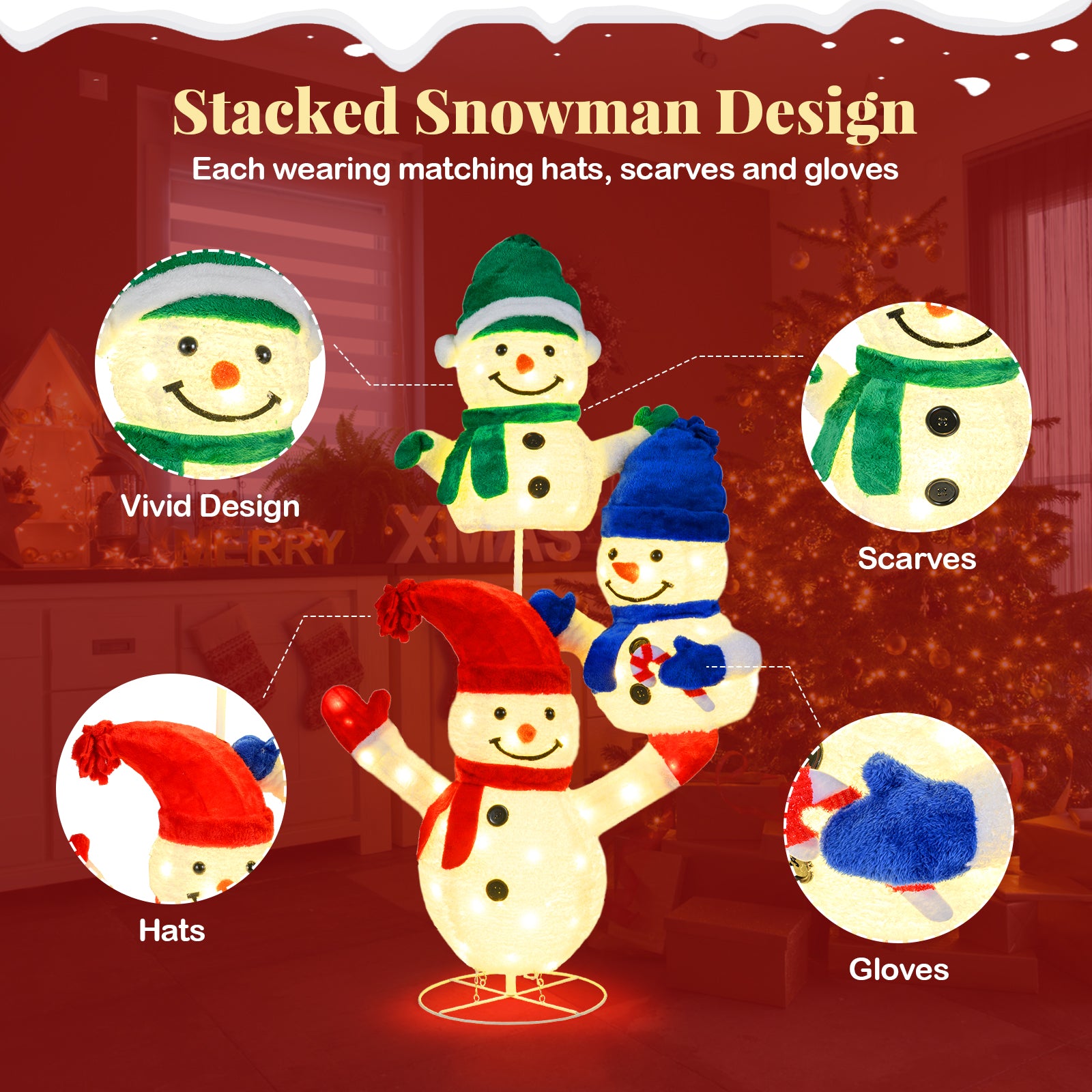 5 FT Stacked Snowman Christmas Decoration, 110 LED Lights Christmas Decor & Accessories at Gallery Canada