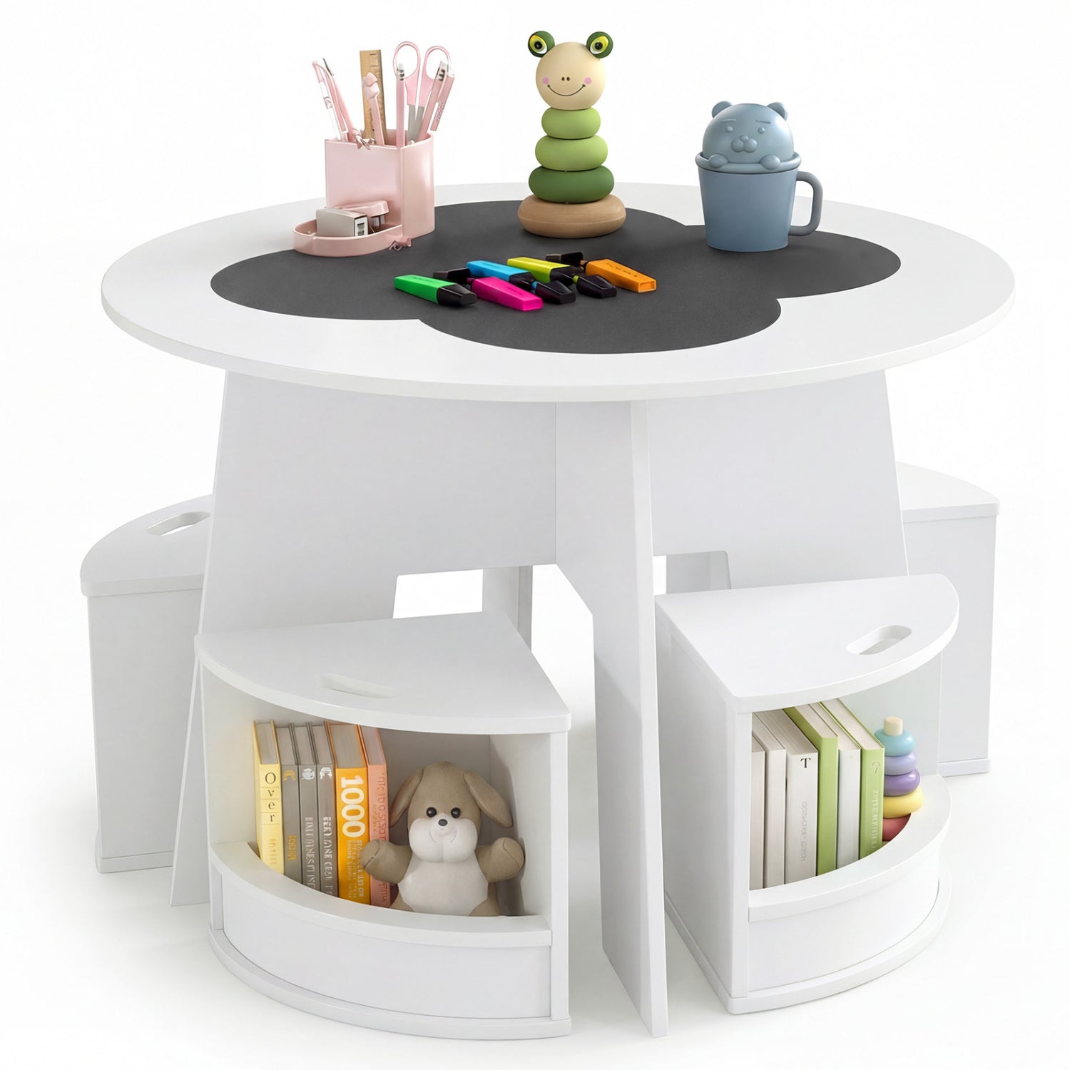 Kids Table And Chair Set, 5 PCS, With Storage Stools, White Kids Table & Chair Sets at Gallery Canada