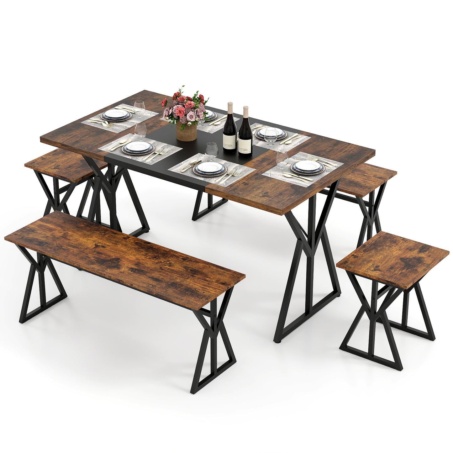 5-Piece Dining Room Set Industrial Rectangular Kitchen Table with 2 Benches and 2 Stools, Rustic Brown Patio Dining Sets at Gallery Canada