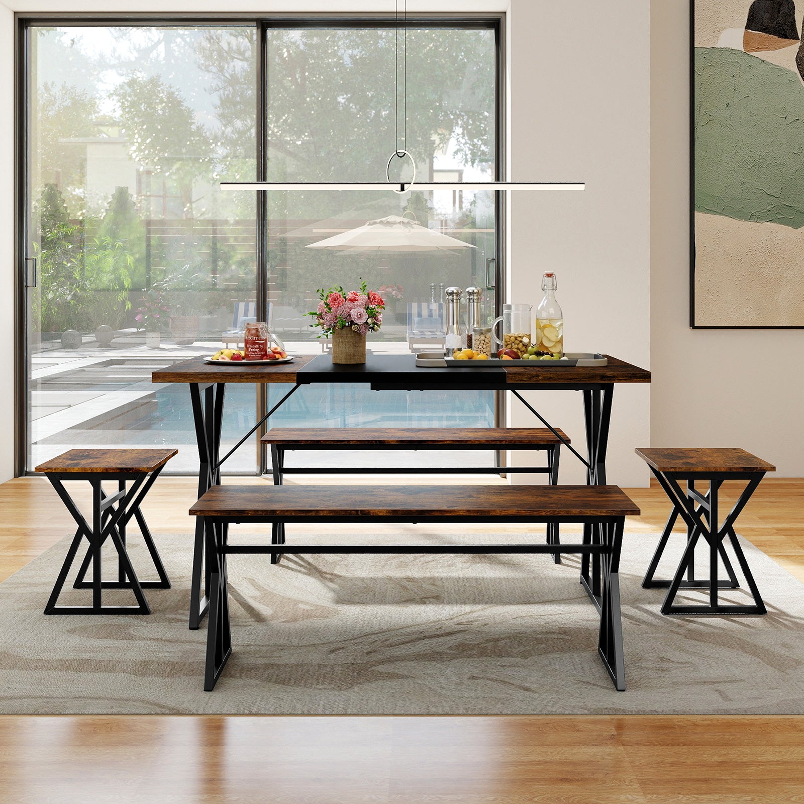 5-Piece Dining Room Set Industrial Rectangular Kitchen Table with 2 Benches and 2 Stools, Rustic Brown Patio Dining Sets at Gallery Canada