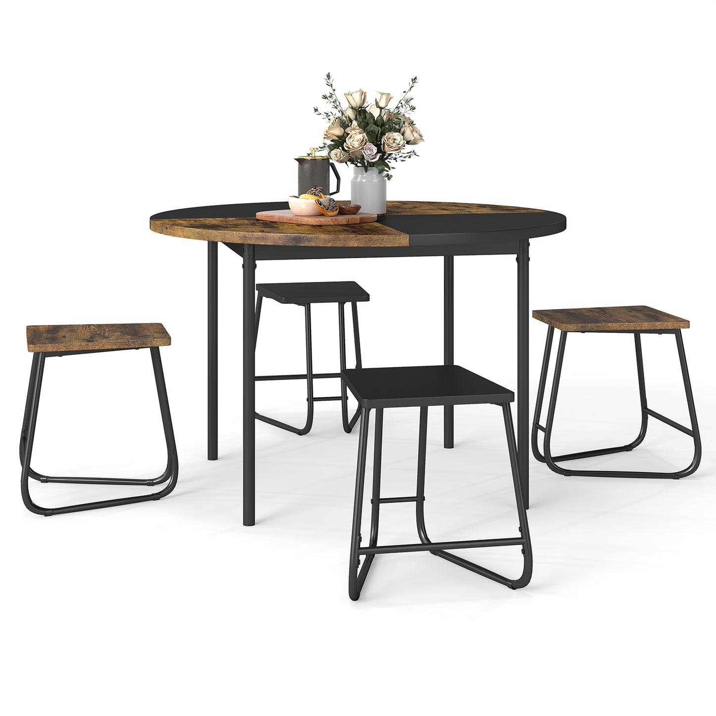 5-Piece Dining Set, 47 Inch Round Kitchen Table, 4 Stools, Brown Dining Room Sets at Gallery Canada