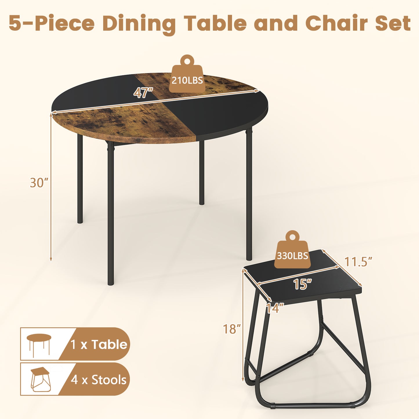 5-Piece Dining Set, 47 Inch Round Kitchen Table, 4 Stools, Brown Dining Room Sets at Gallery Canada