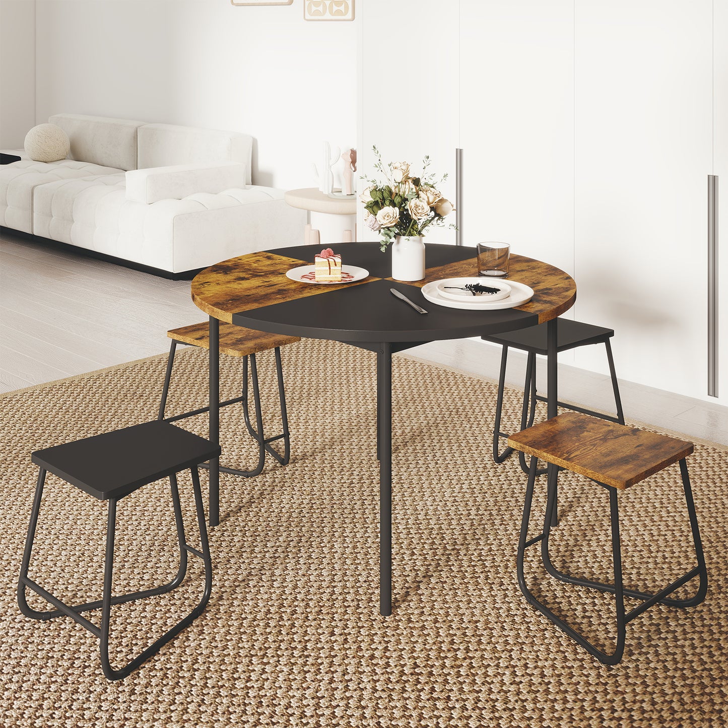 5-Piece Dining Set, 47 Inch Round Kitchen Table, 4 Stools, Brown Dining Room Sets at Gallery Canada