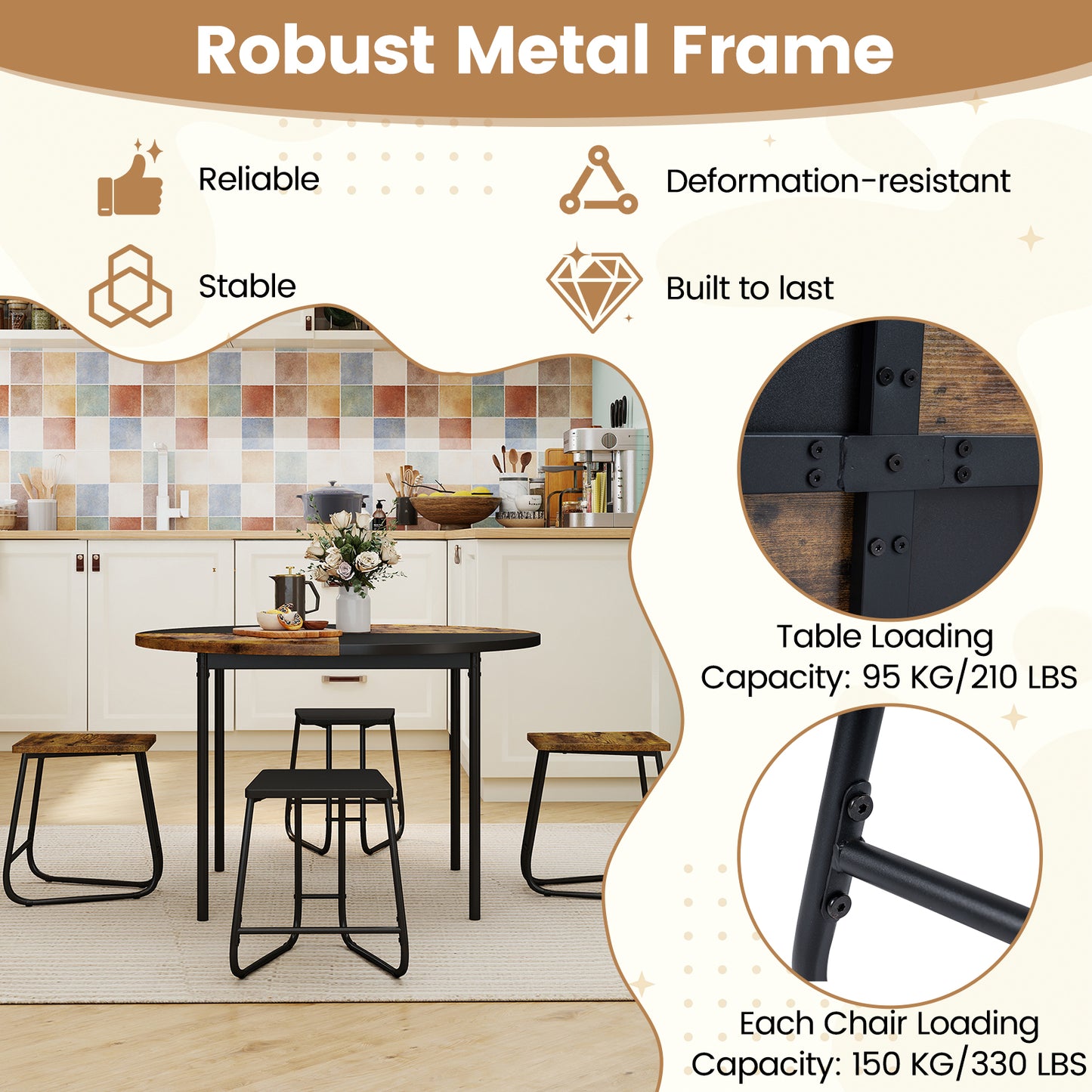 5-Piece Dining Set, 47 Inch Round Kitchen Table, 4 Stools, Brown Dining Room Sets at Gallery Canada