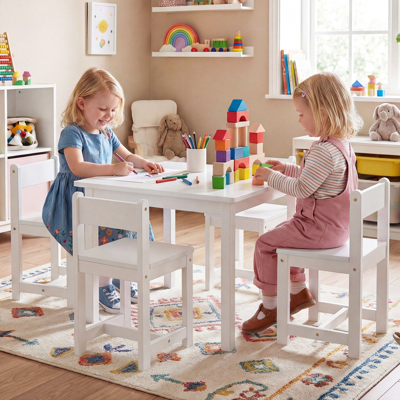 Kids Table And Chairs Set, 5-Piece, Solid Rubber Wood, White Kids Table & Chair Sets at Gallery Canada