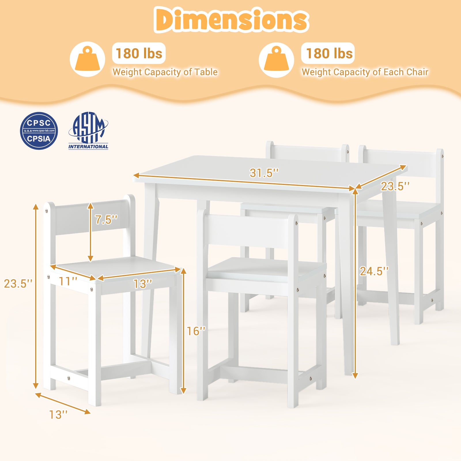 Kids Table And Chairs Set, 5-Piece, Solid Rubber Wood, White Kids Table & Chair Sets at Gallery Canada