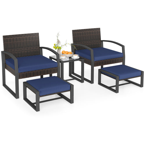 5-Piece Patio Conversation Set, 2 Ottomans, Tempered Glass Side Table, Navy