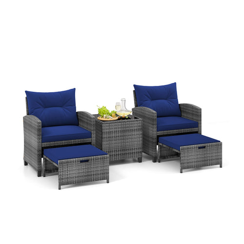 5 Piece Patio Rattan Furniture, 2 Ottomans, Tempered Glass Coffee Table, Navy