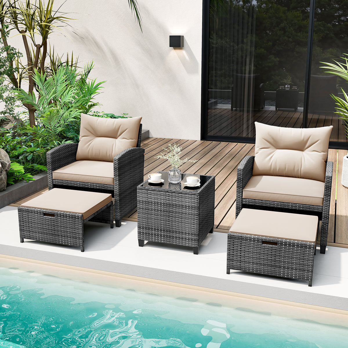 5 Piece Patio Rattan Furniture with 2 Ottomans and Tempered Glass Coffee Table, Beige Patio Conversation Sets at Gallery Canada