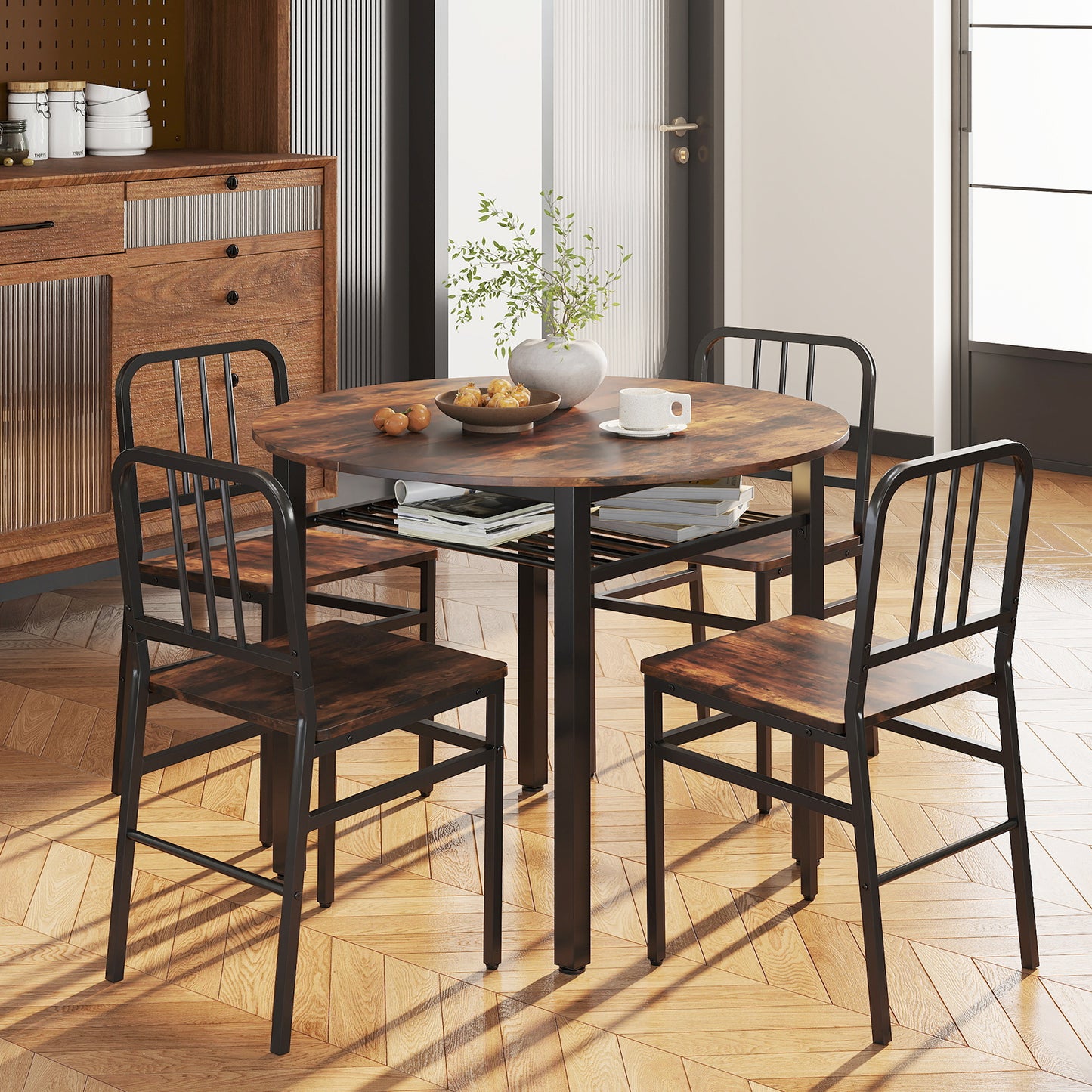 5-Piece Round Dining Table Set With Storage Shelf, Brown Dining Room Sets at Gallery Canada
