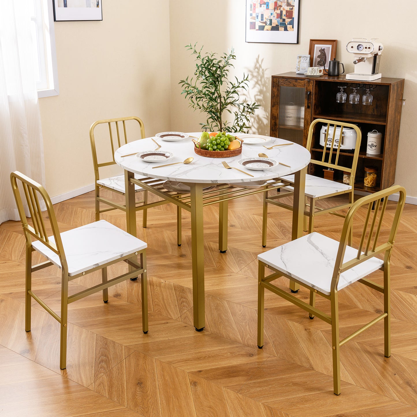 5-Piece Round Dining Table Set, With Storage Shelf, White Dining Room Sets at Gallery Canada