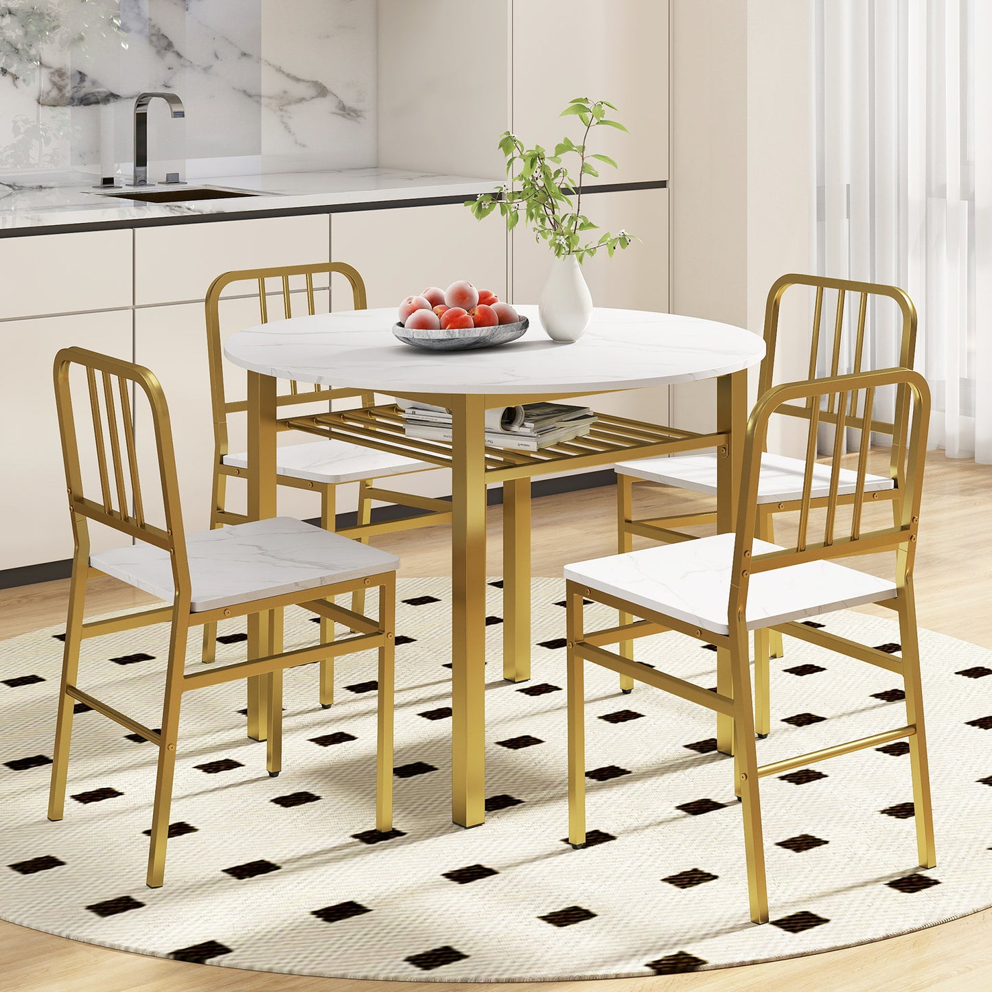 5-Piece Round Dining Table Set, With Storage Shelf, White Dining Room Sets at Gallery Canada
