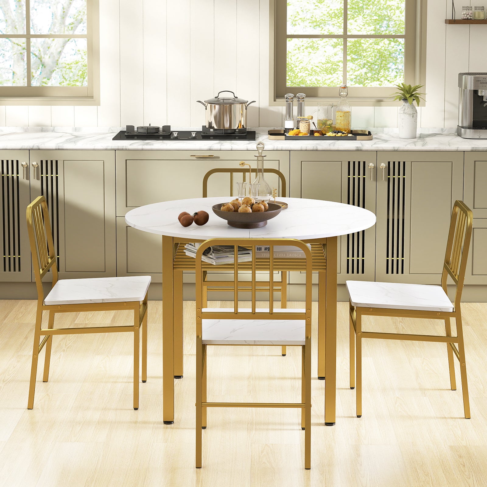 5-Piece Round Dining Table Set, With Storage Shelf, White Dining Room Sets at Gallery Canada