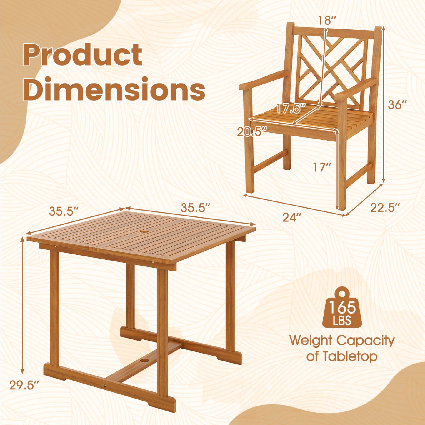 5-Piece Square Patio Dining Set, Acacia Table & Armchairs, Natural Patio Dining Sets at Gallery Canada