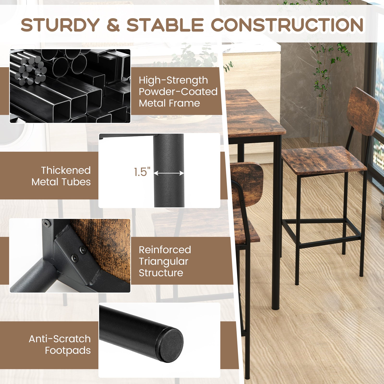 Industrial Dining Table Set, 5 Pieces, Counter Height Table, 4 Bar Stools Dining Room Sets at Gallery Canada