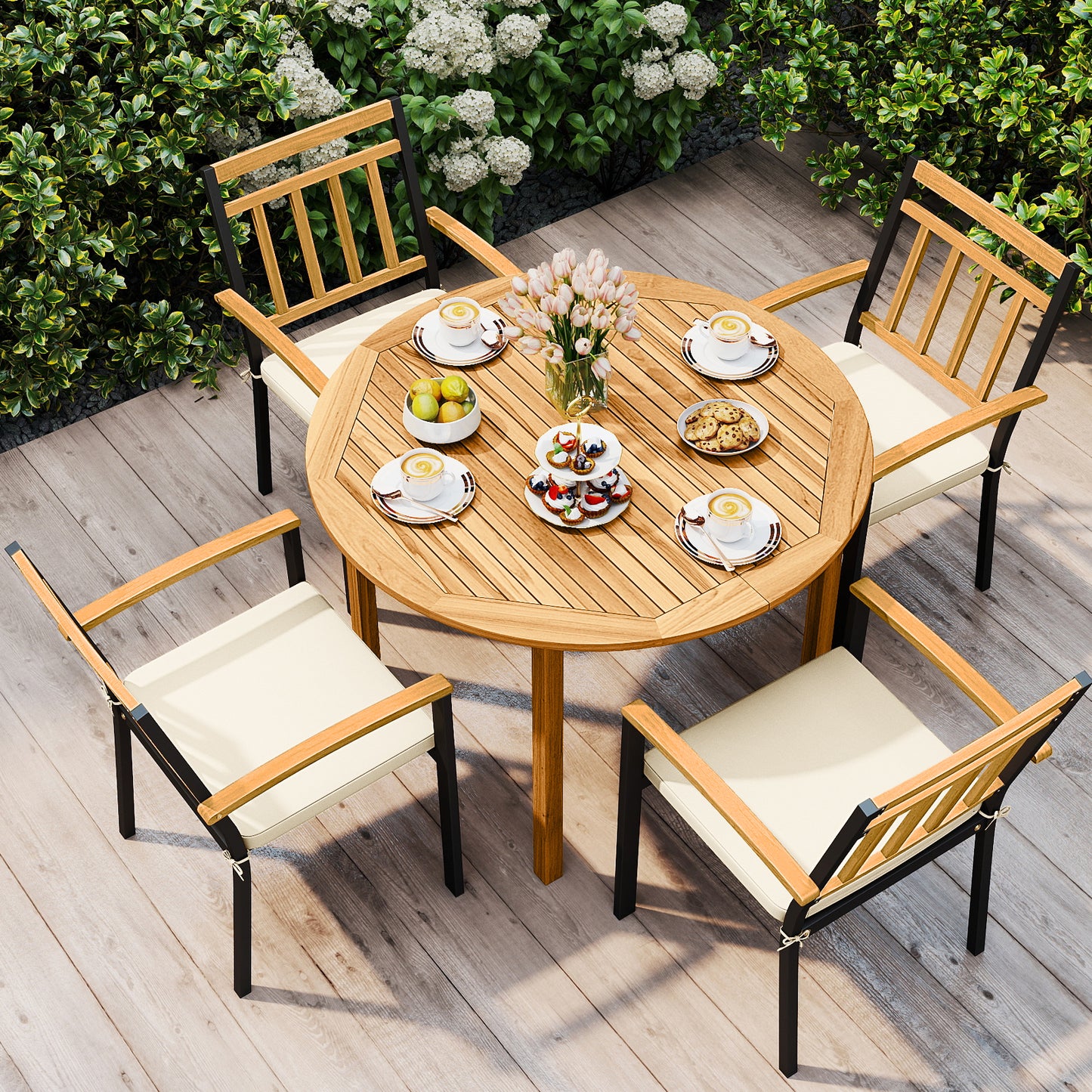 5 Piece Outdoor Acacia Wood Dining Set, Round Table, Metal Chairs with Cushions Patio Dining Sets at Gallery Canada