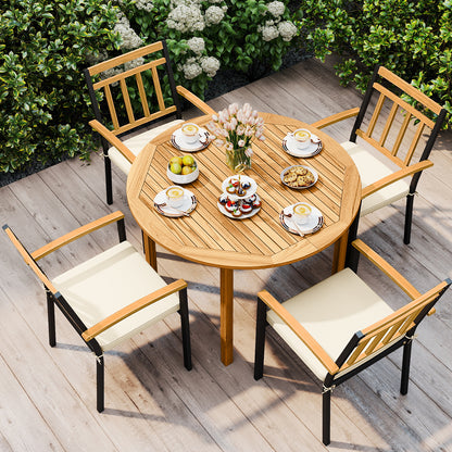 5 Piece Outdoor Acacia Wood Dining Set, Round Table, Metal Chairs with Cushions Patio Dining Sets at Gallery Canada