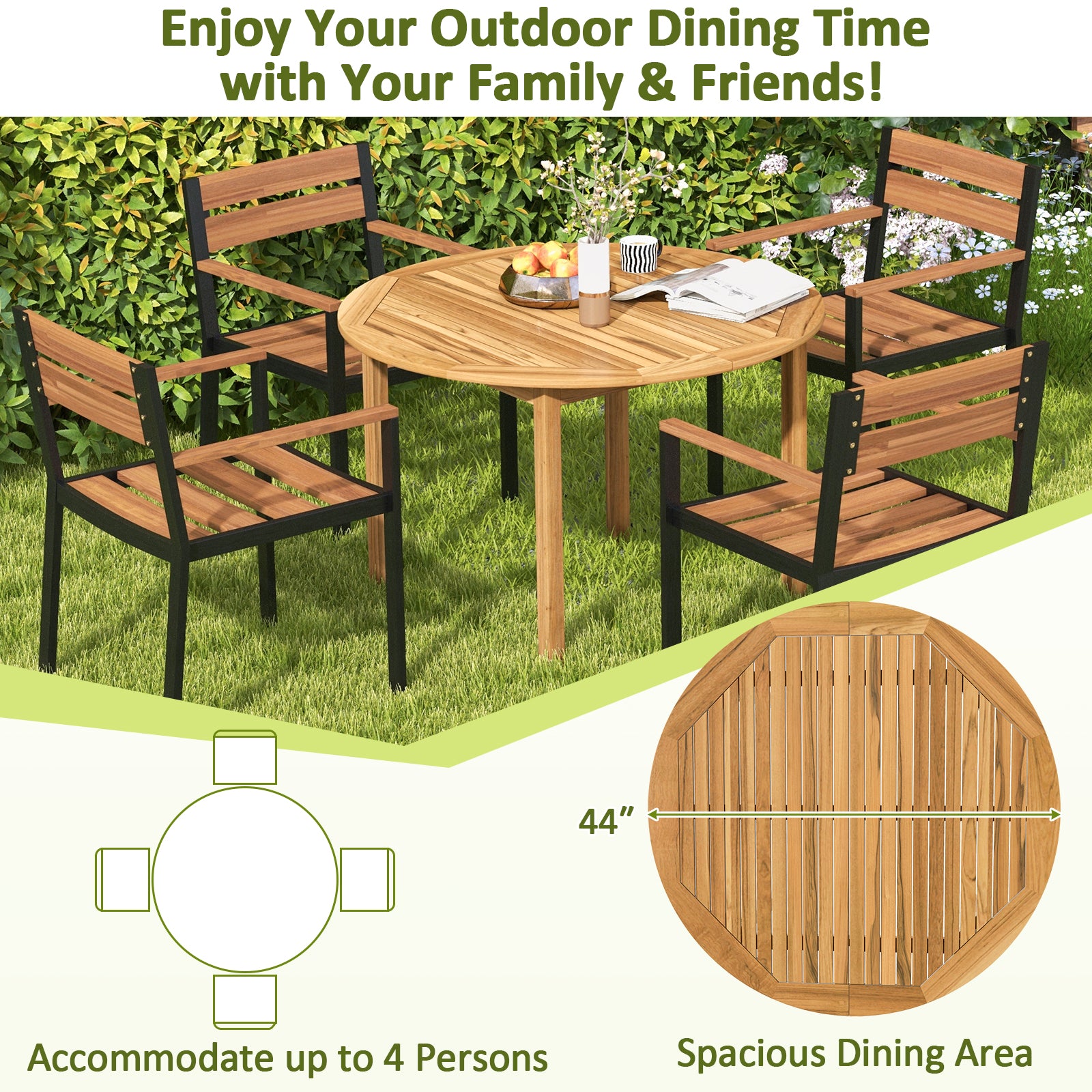 5 Piece Outdoor Acacia Wood Dining Set, Round Table, Metal Chairs with Cushions Patio Dining Sets at Gallery Canada