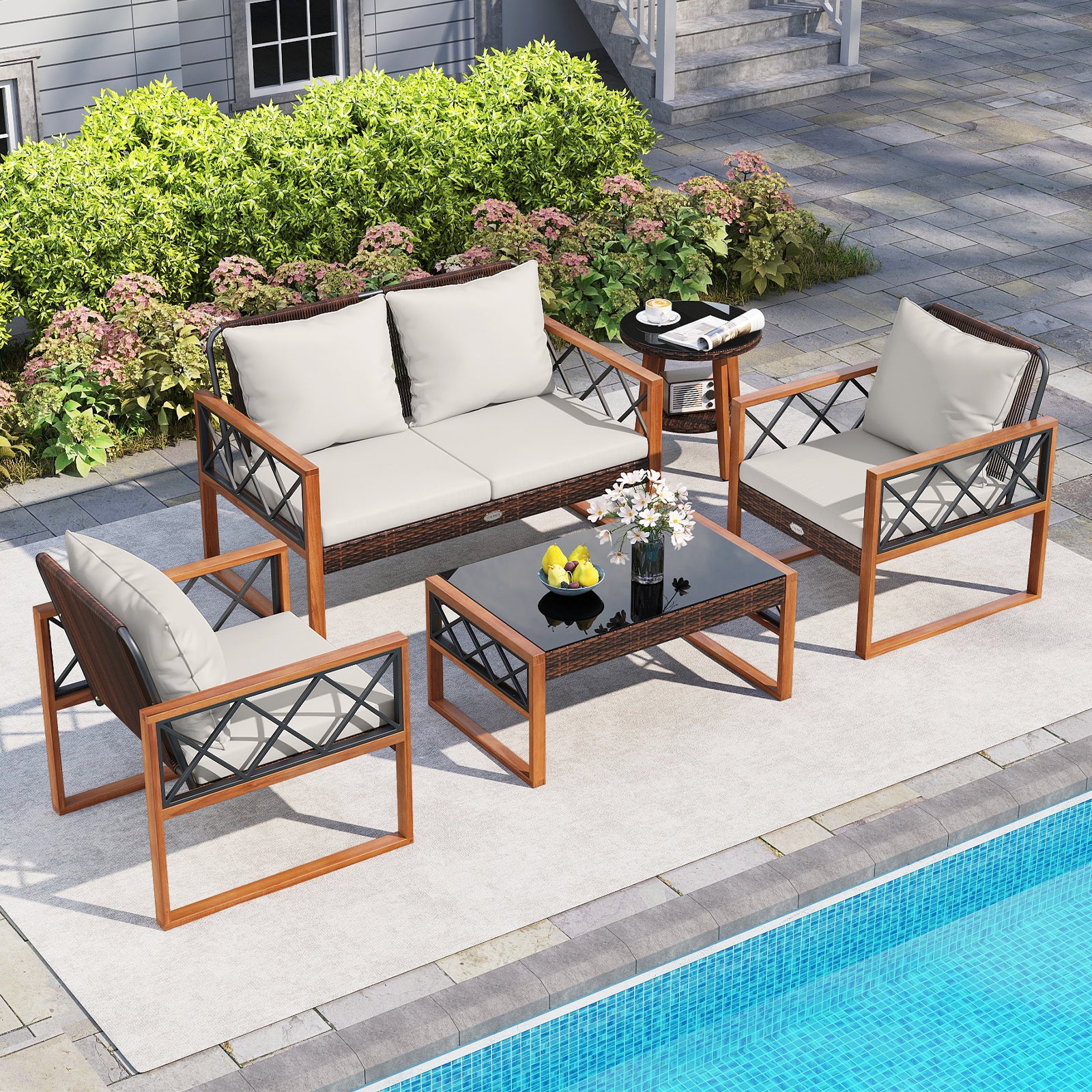 5 Pieces PE Wicker Patio Furniture Set with Acacia Wood Frame Patio Dining Sets at Gallery Canada