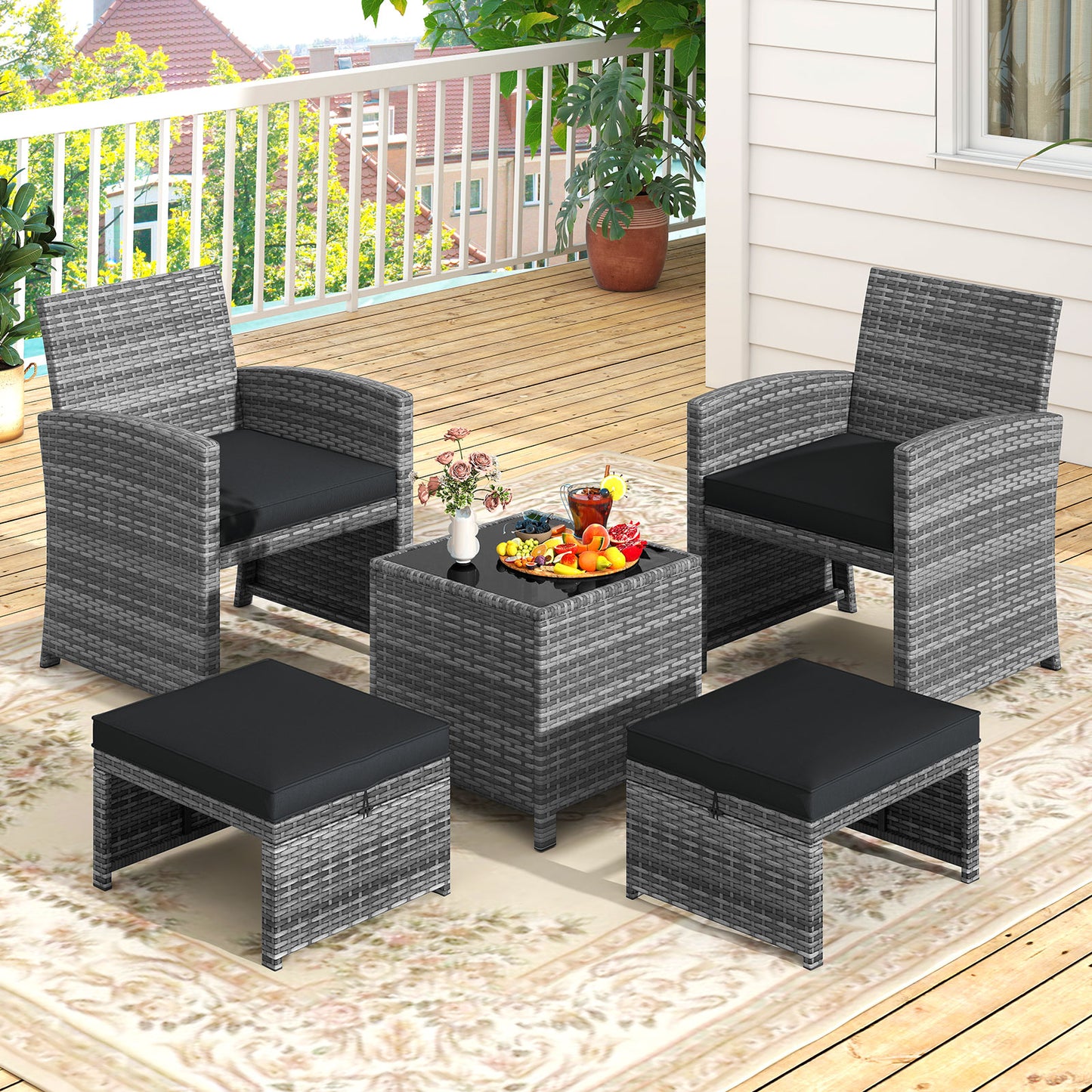 5-Piece Patio Furniture Set, PE Wicker Outdoor Lounge Chairs, 2 Ottomans, Black Outdoor Sectionals at Gallery Canada