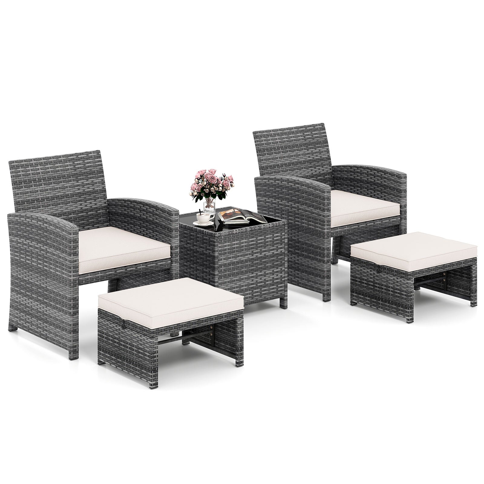 5-Piece Patio Furniture Set, PE Wicker Outdoor Lounge Chairs, 2 Ottomans, White Outdoor Sectionals at Gallery Canada