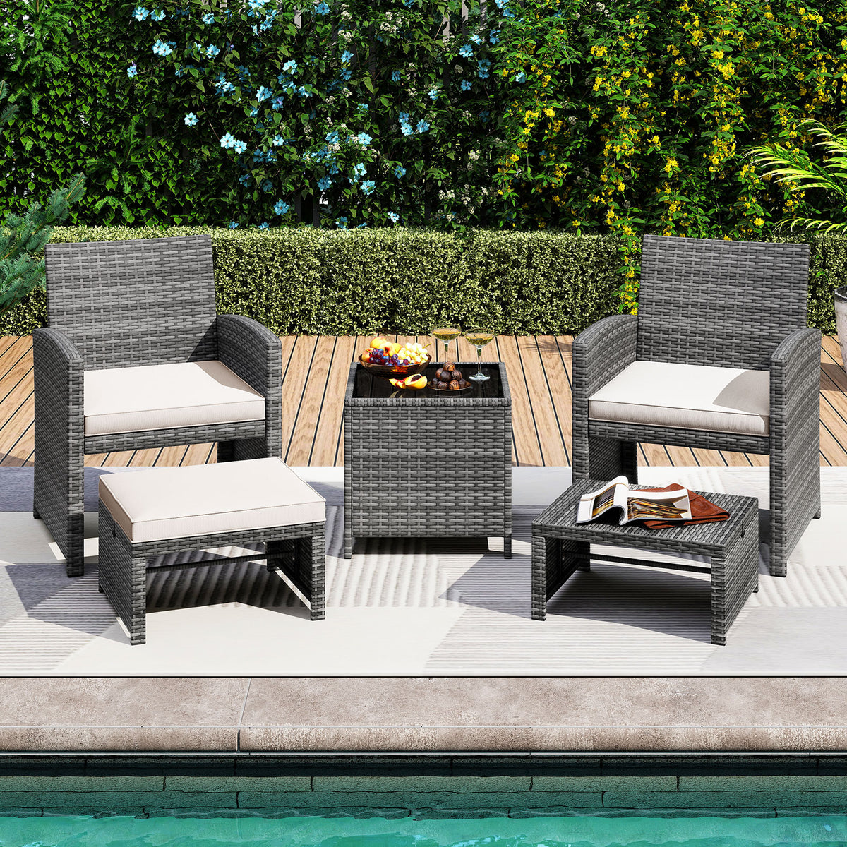 5-Piece Patio Furniture Set, PE Wicker Outdoor Lounge Chairs, 2 Ottomans, White Outdoor Sectionals at Gallery Canada