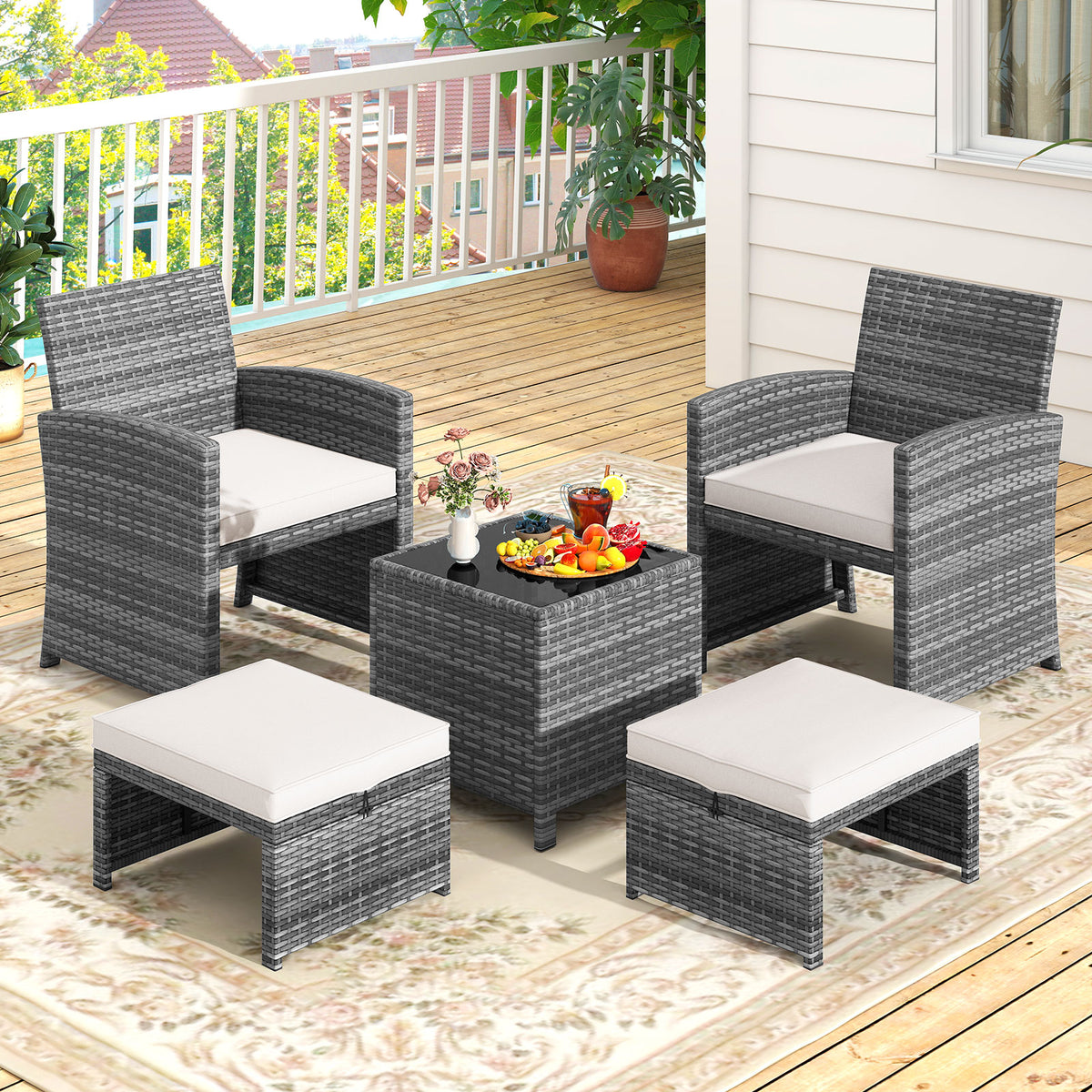 5-Piece Patio Furniture Set, PE Wicker Outdoor Lounge Chairs, 2 Ottomans, White Outdoor Sectionals at Gallery Canada