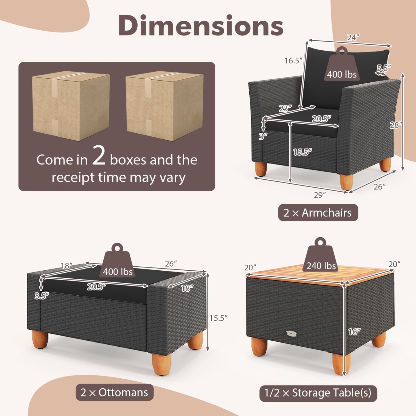 Ensemble de mobilier de patio avec causeuse et fauteuils, noir