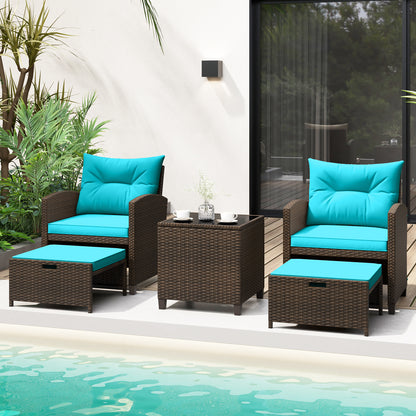 5 Piece Patio Rattan Furniture Set, 2 Ottomans, Tempered Glass Table, Turquoise Patio Conversation Sets at Gallery Canada