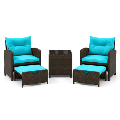 5 Piece Patio Rattan Furniture Set, 2 Ottomans, Tempered Glass Table, Turquoise Patio Conversation Sets at Gallery Canada