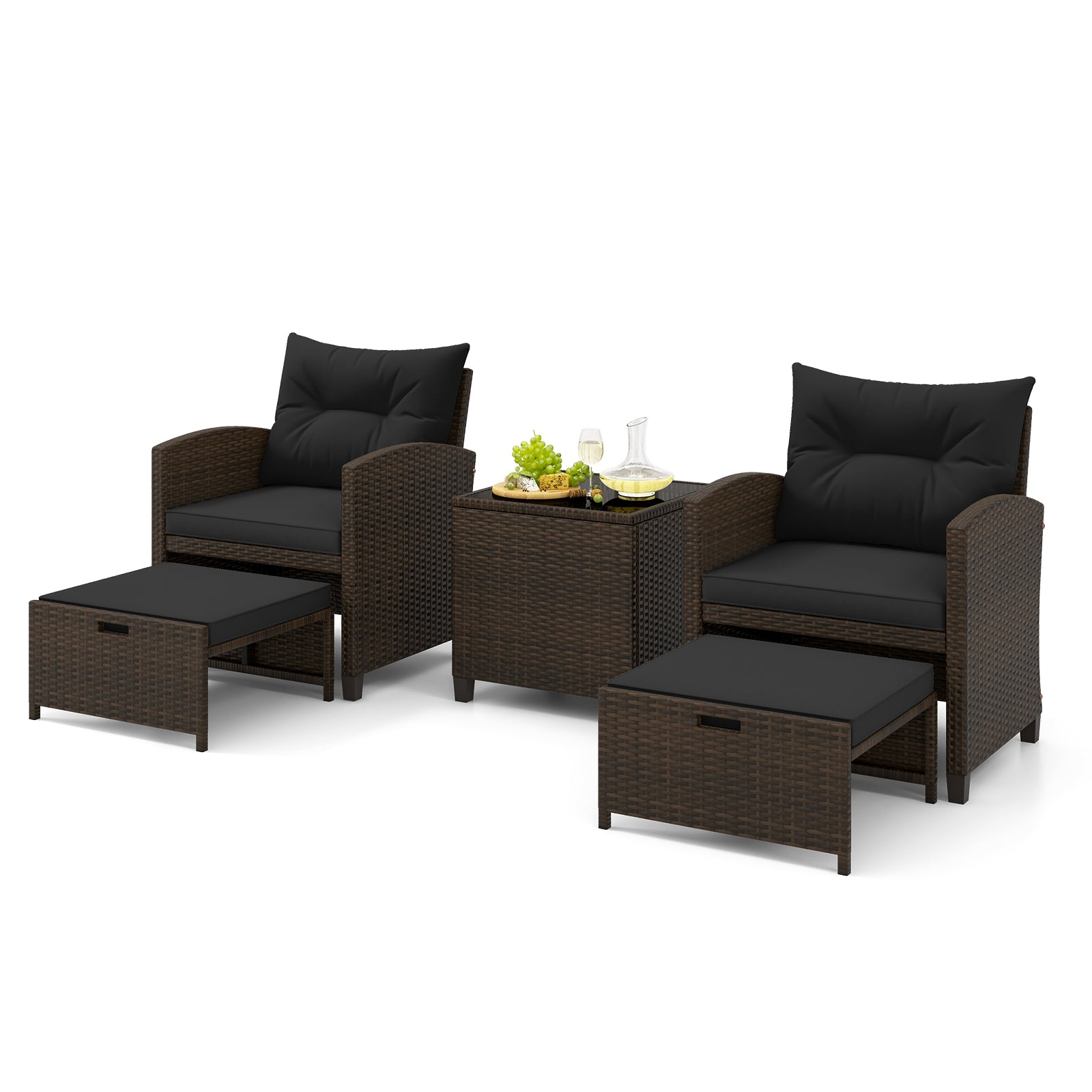 5 Pieces Patio Rattan Furniture with 2 Ottomans and Tempered Glass Coffee Table, Black Patio Conversation Sets at Gallery Canada