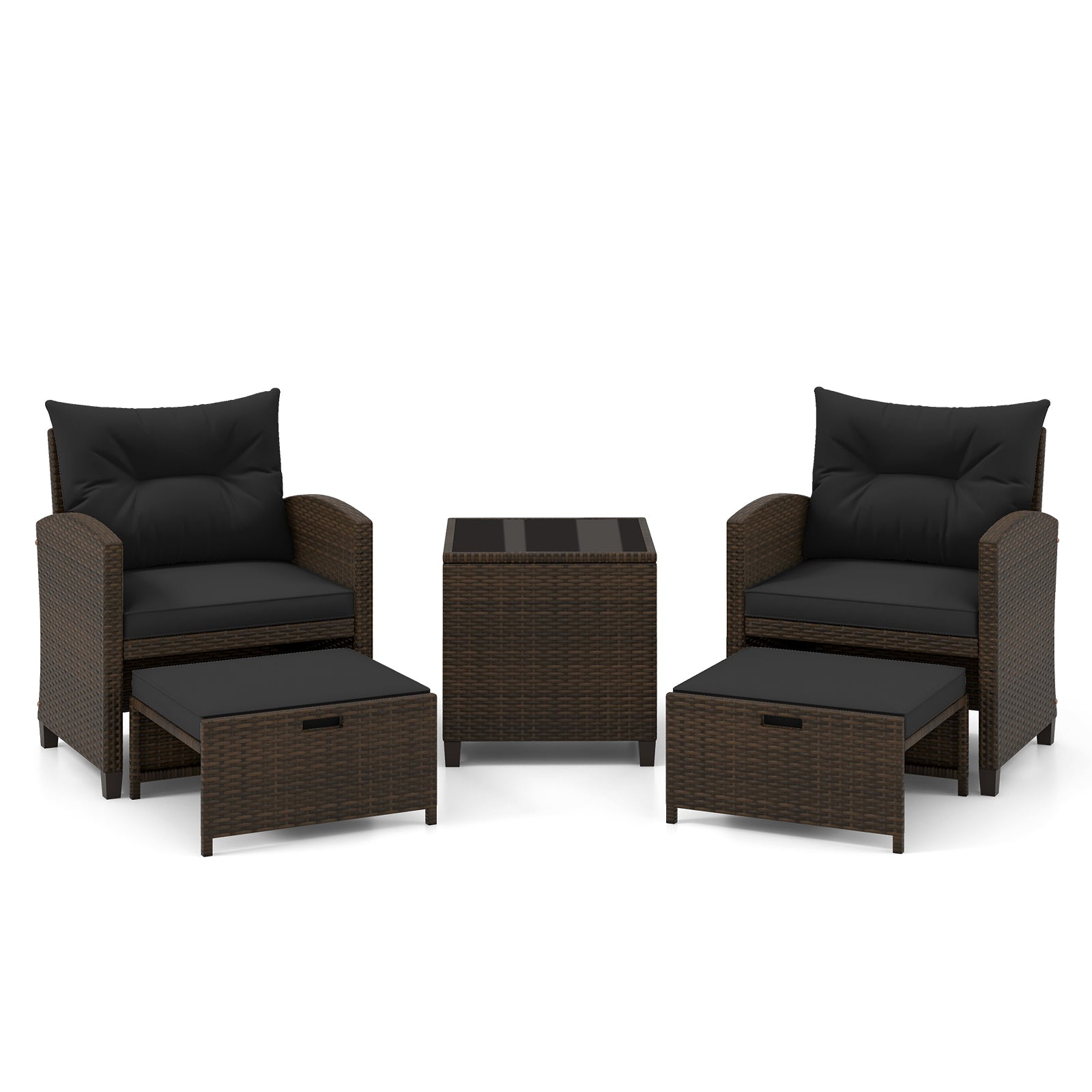 5 Pieces Patio Rattan Furniture with 2 Ottomans and Tempered Glass Coffee Table, Black Patio Conversation Sets at Gallery Canada