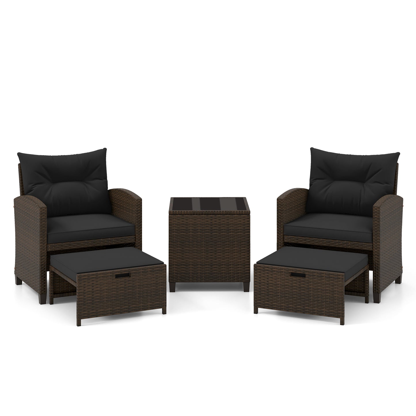 5 Pieces Patio Rattan Furniture with 2 Ottomans and Tempered Glass Coffee Table, Black Patio Conversation Sets at Gallery Canada