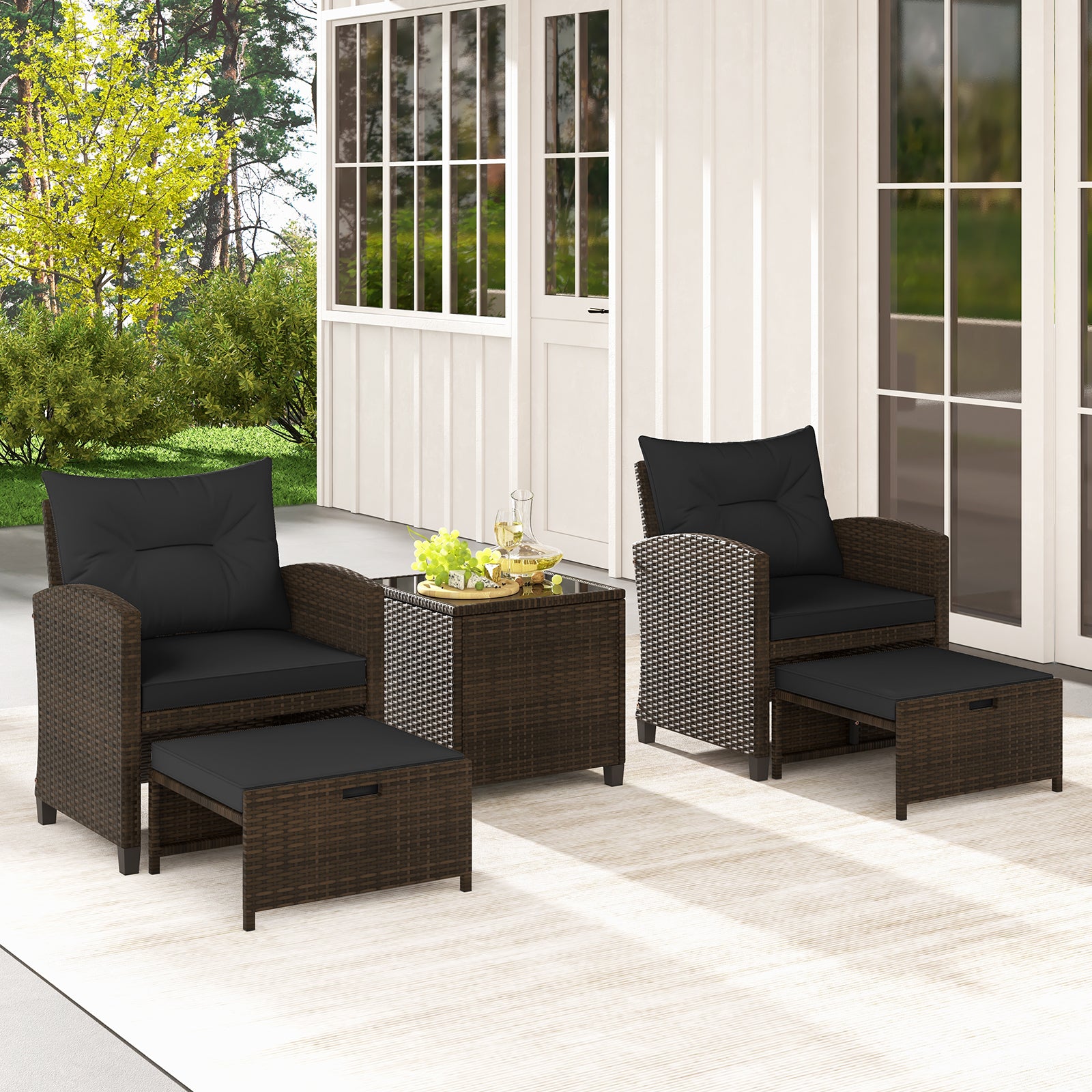 5 Pieces Patio Rattan Furniture with 2 Ottomans and Tempered Glass Coffee Table, Black Patio Conversation Sets at Gallery Canada