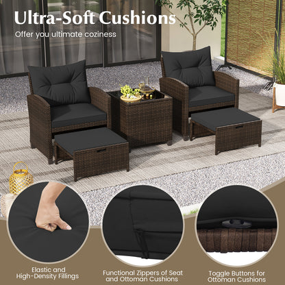 5 Pieces Patio Rattan Furniture with 2 Ottomans and Tempered Glass Coffee Table, Black Patio Conversation Sets at Gallery Canada