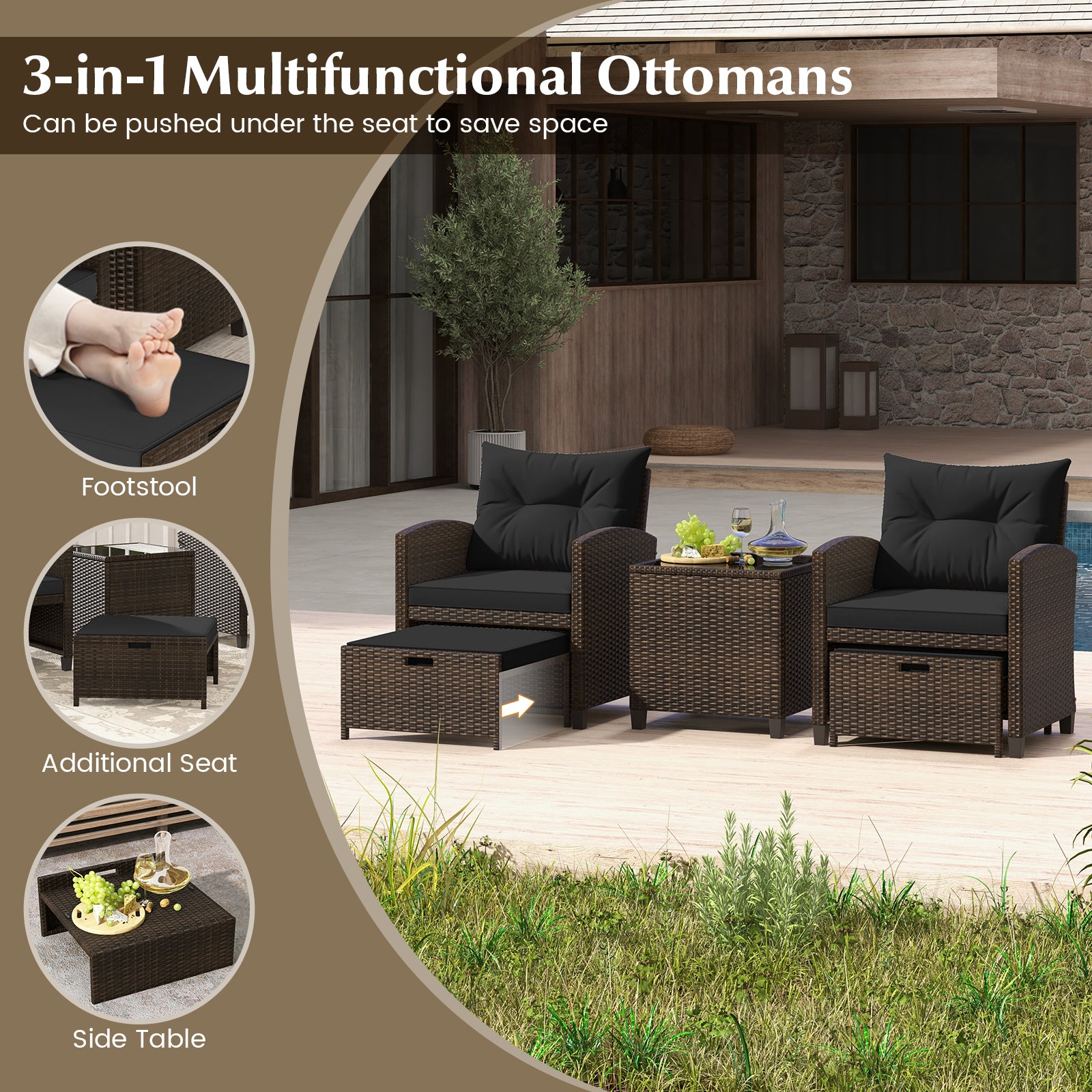 5 Pieces Patio Rattan Furniture with 2 Ottomans and Tempered Glass Coffee Table, Black Patio Conversation Sets at Gallery Canada