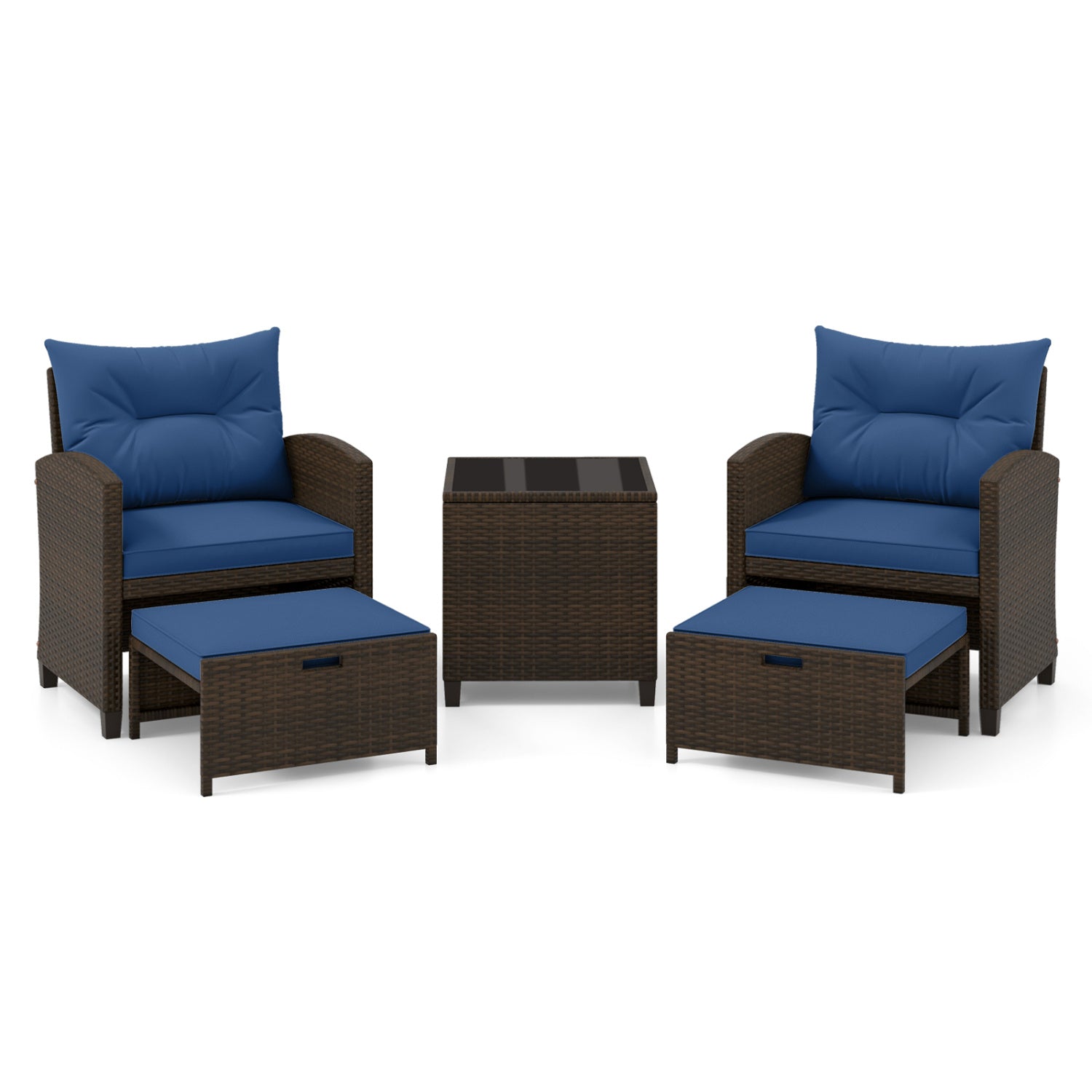 5 Pieces Patio Rattan Furniture with 2 Ottomans and Tempered Glass Coffee Table, Navy Patio Conversation Sets Navy at Gallery Canada