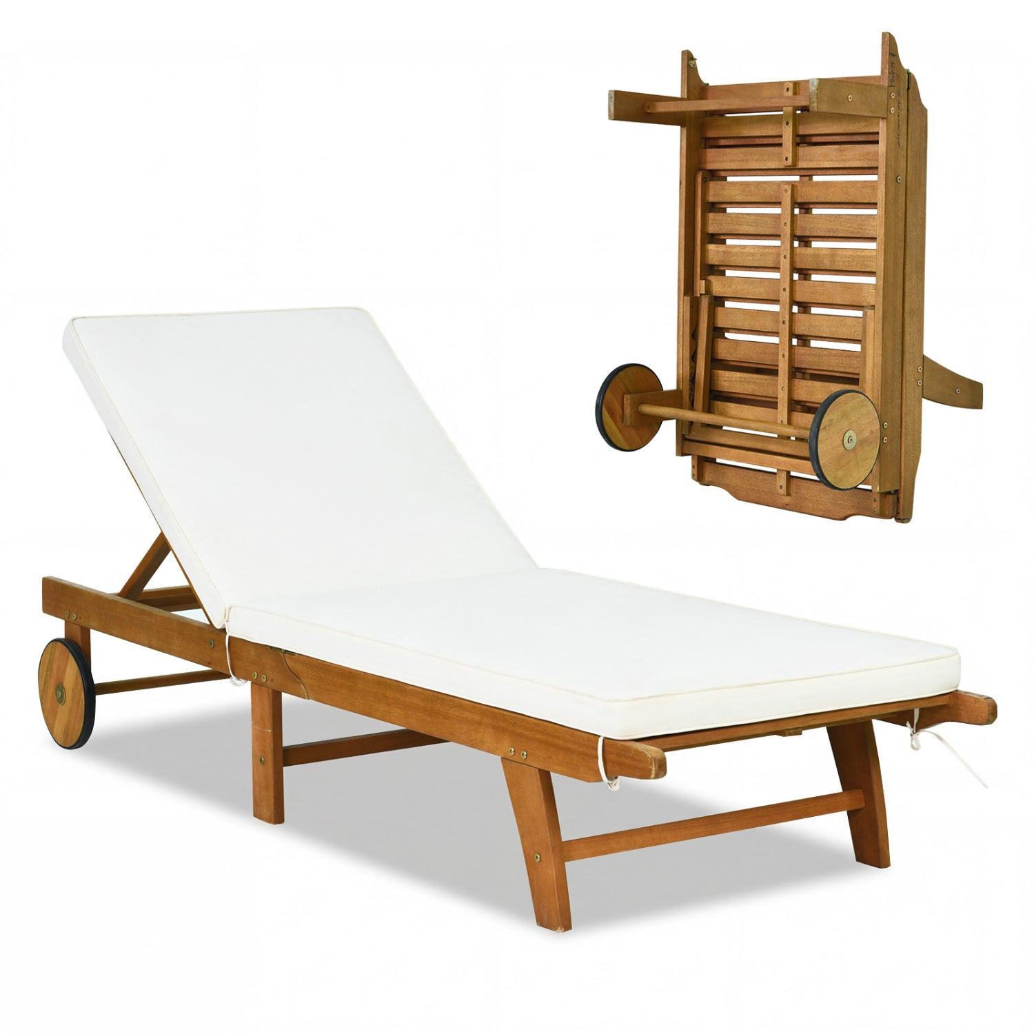 5-Position Adjustable Patio Chaise Lounge with Cushioned Comfort and Wheels, Natural & White Outdoor Chaise Lounges Natural & White at Gallery Canada