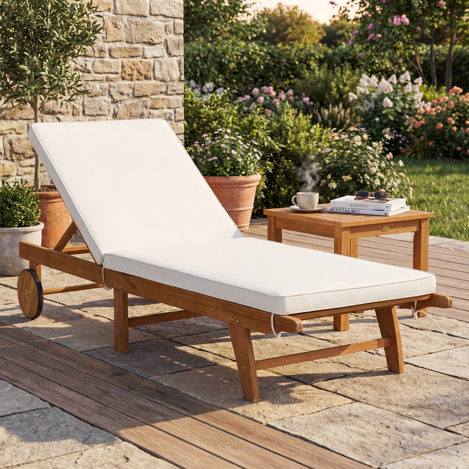 5-Position Adjustable Patio Chaise Lounge with Cushioned Comfort and Wheels, Natural & White Outdoor Chaise Lounges at Gallery Canada