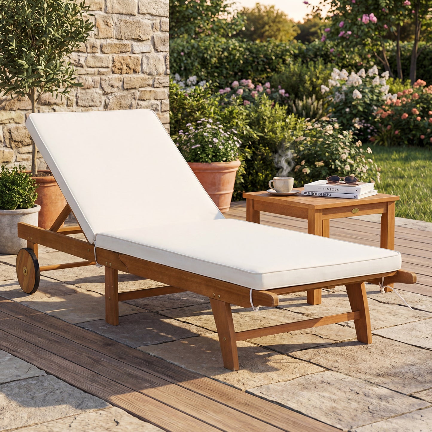 5-Position Adjustable Patio Chaise Lounge with Cushioned Comfort and Wheels, Natural & White Outdoor Chaise Lounges at Gallery Canada