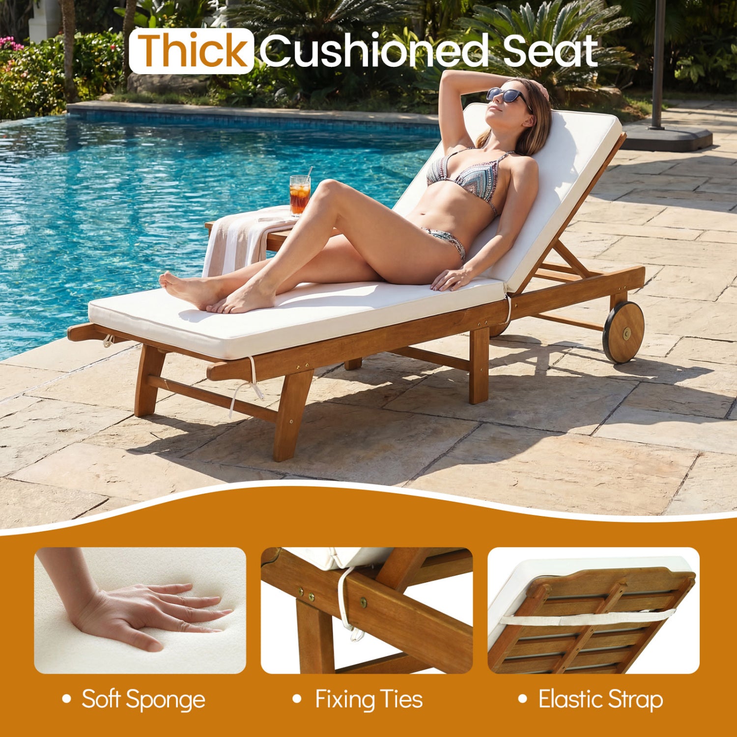 5-Position Adjustable Patio Chaise Lounge with Cushioned Comfort and Wheels, Natural & White Outdoor Chaise Lounges at Gallery Canada