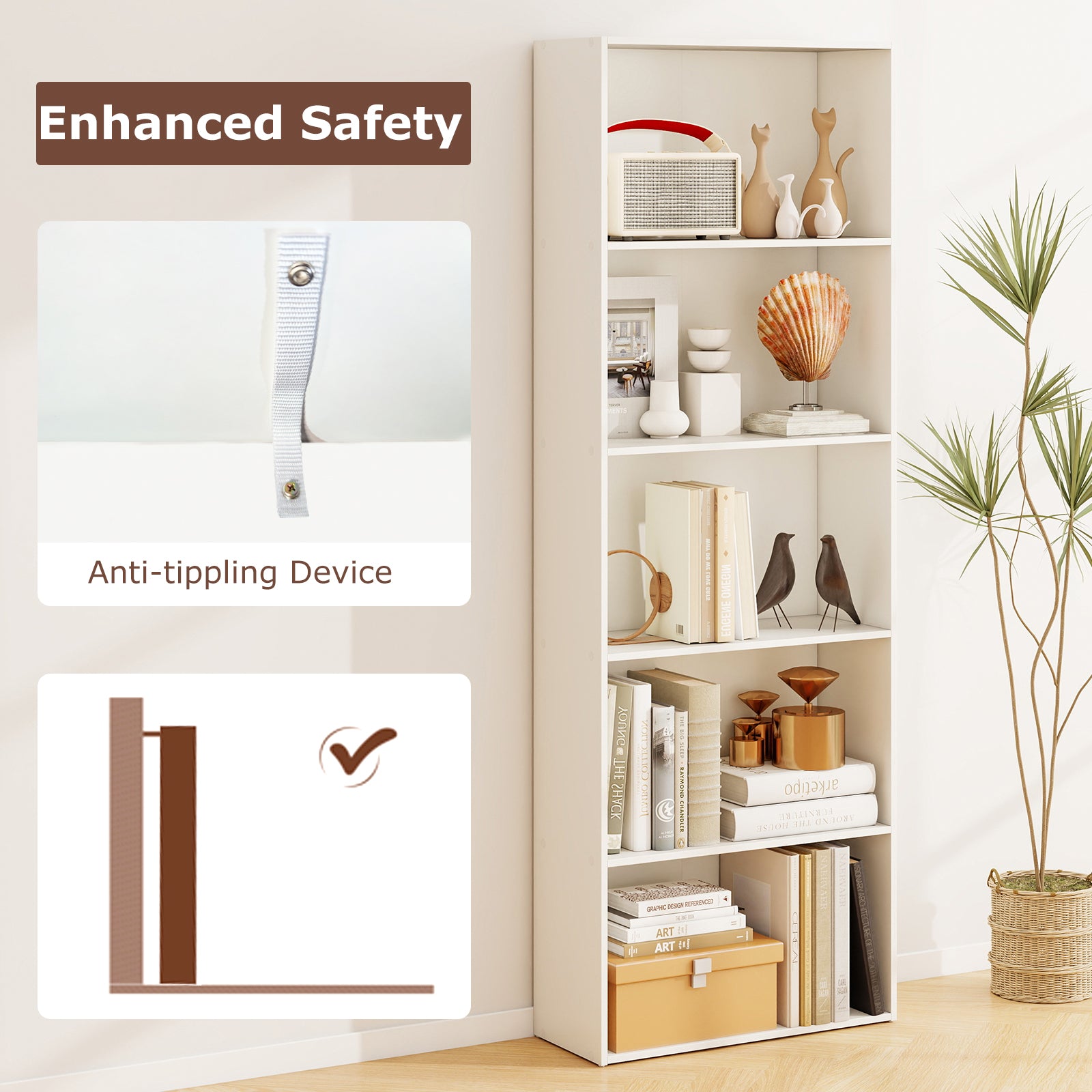 5-Shelf Storage Bookcase Modern Display Cabinet, White Bookcases at Gallery Canada