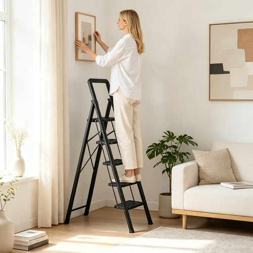 5 Step Folding Step Stool, Wide Anti-slip Pedals, Black