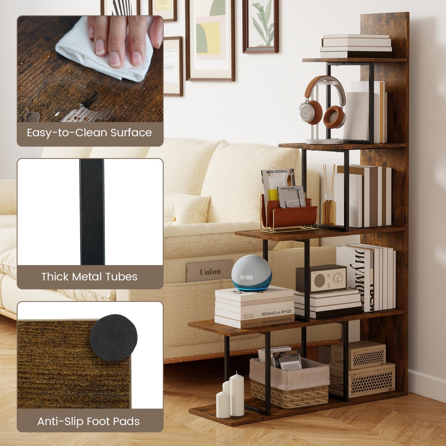 5-Tier 62 Inch Tall Stepped Bookshelf, Rustic Brown Bookcases at Gallery Canada