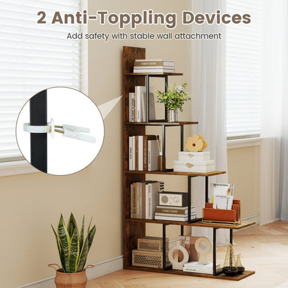 5-Tier 62 Inch Tall Stepped Bookshelf, Rustic Brown Bookcases at Gallery Canada