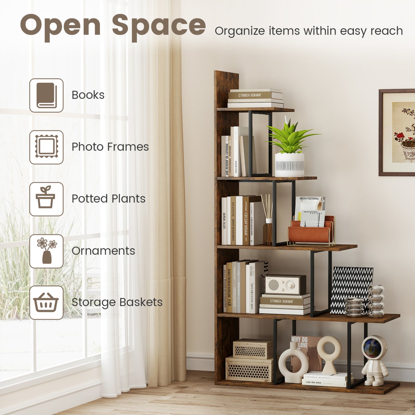 5-Tier 62 Inch Tall Stepped Bookshelf, Rustic Brown Bookcases at Gallery Canada