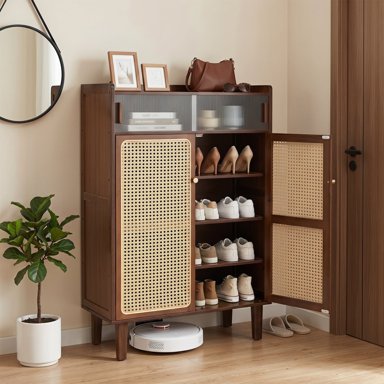 5-Tier Bamboo Shoe Cabinet, Woven Rattan Doors, Walnut Shoe Racks & Storage Benches at Gallery Canada